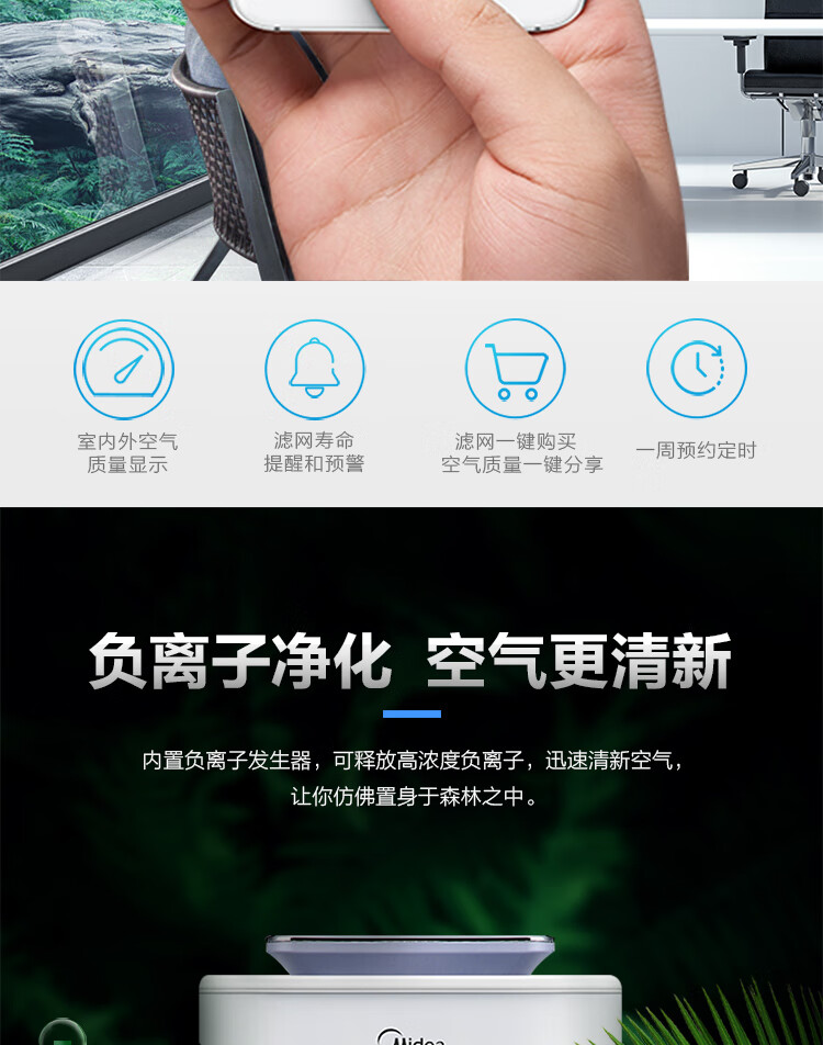 Midea 空气净化器KJ400G-E33家用 除甲醛雾霾二手烟净化机除菌 APP控制