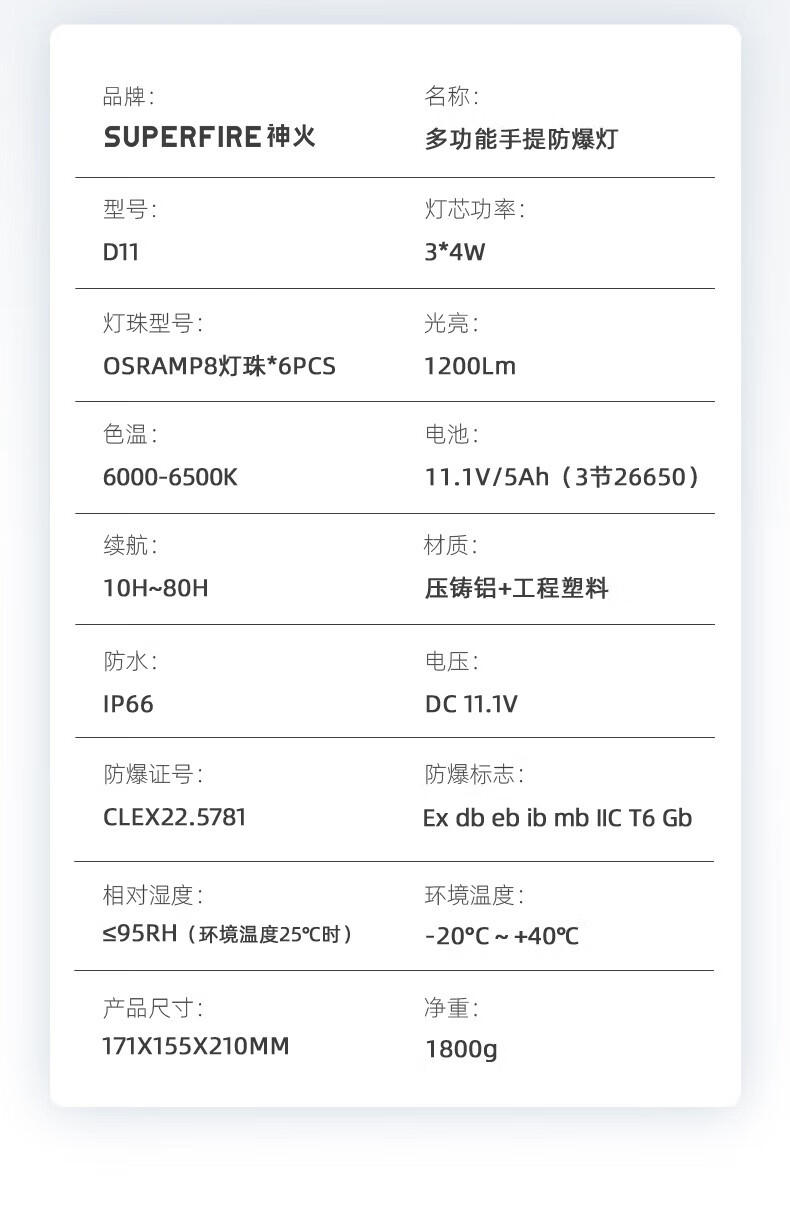 Superfire神火D11多功能防爆强光手提灯远射磁吸超亮3*4W1套