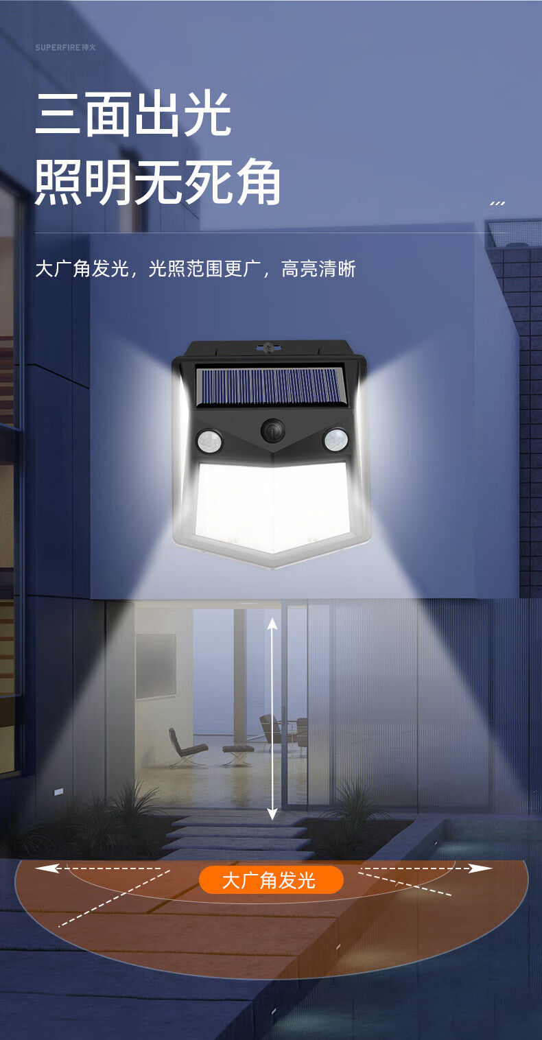 Superfire神火太阳能灯墙壁灯人体感应室外照明led投光灯FF6-H