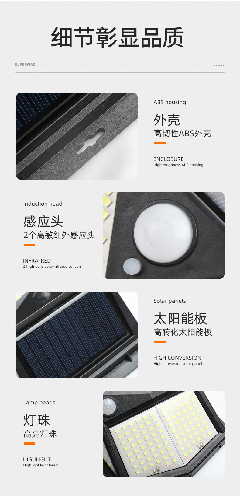 Superfire神火太阳能灯墙壁灯人体感应室外照明led投光灯FF6-H