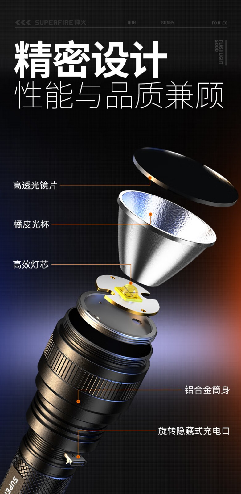 神火（SupFire）强光手电筒超亮LED可充电家用照明便携防水骑行户外远射王 C8-XPE
