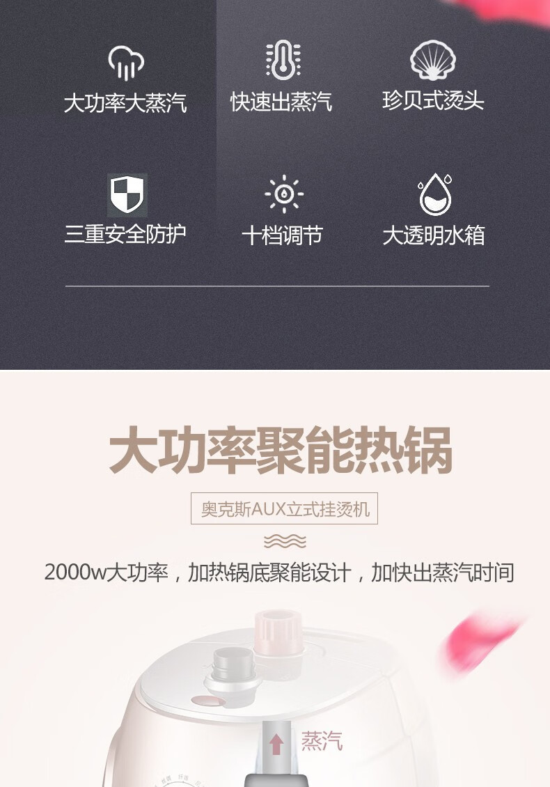 奥克斯（AUX） 大功率蒸汽挂烫机 烫衣服家用 蒸汽手持挂立式电熨斗熨烫机 AUX-ZR2190 金色
