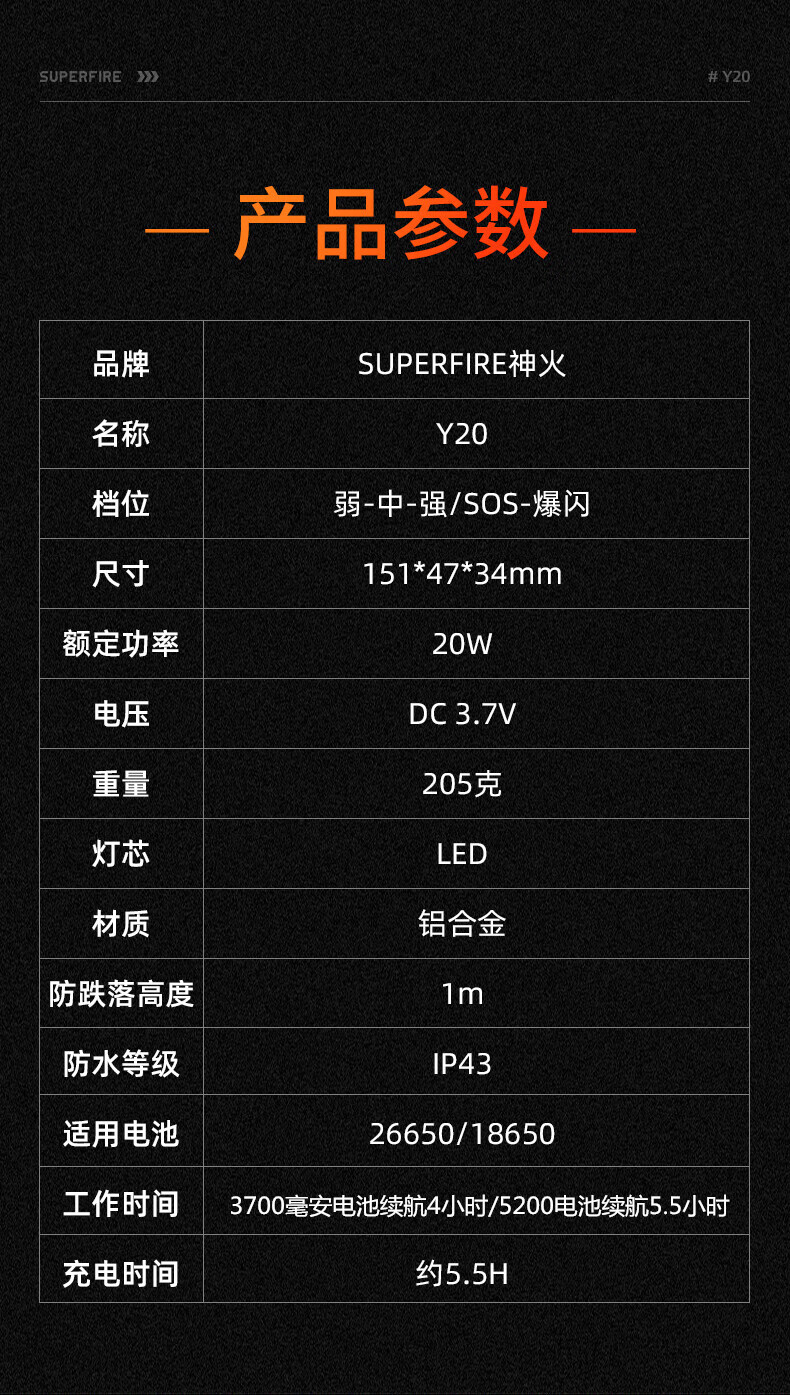 神火（SupFire）Y20变焦超强光手电筒26650可充电超亮远射大功率20W续航5小时