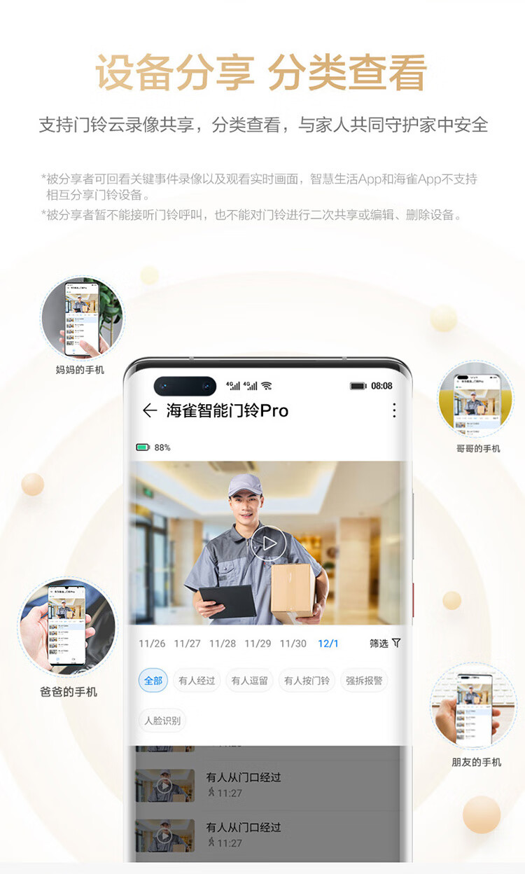 华为（HUAWEI）智选 海雀可视智能门铃pro电子猫眼监控摄像无线wifi超清夜视家用访客识别视频通话陶瓷白