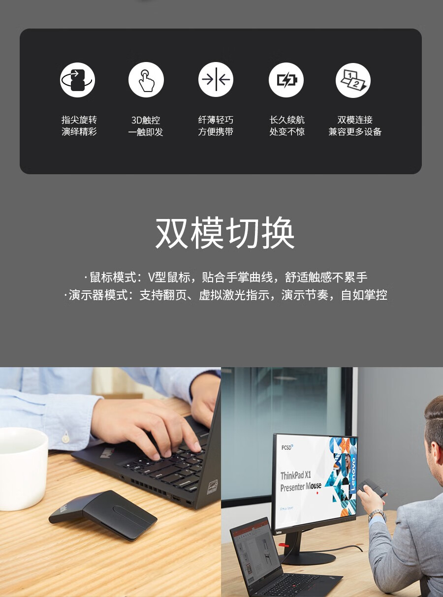 联想（Lenovo）ThinkPad 笔记本台式机适用 无线蓝牙鼠标 X1 PPT翻页演示双模鼠标 4Y50U45359