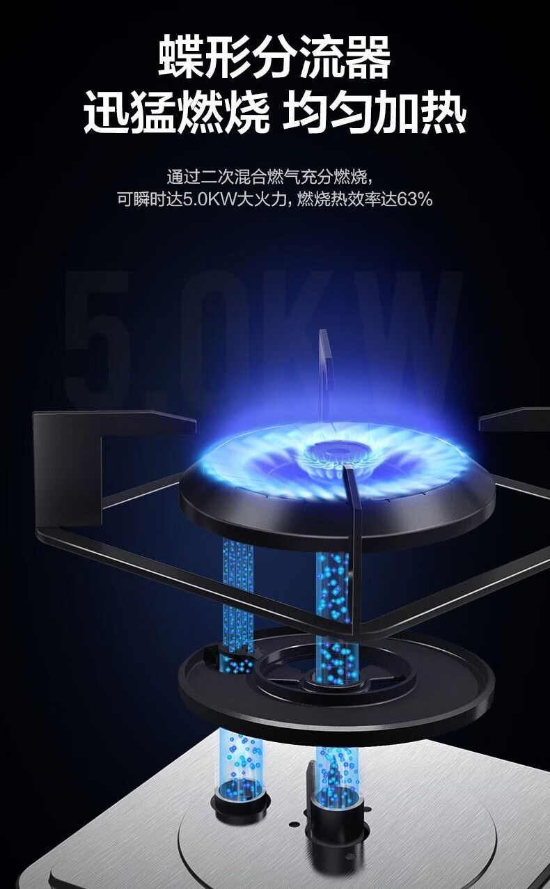 Midea 美的燃气灶一级能效 5.0KW大火力 黑晶面板台嵌两用天然气 商用家用JZT-Q62A