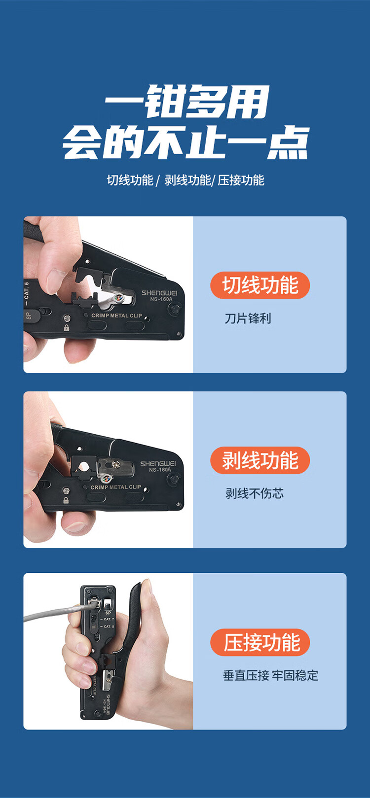 胜为（shengwei）七类网线钳 多功能网线电话线水晶头压线钳省力剥剪线钳燕尾夹压接 电脑水晶头工具NS-160A