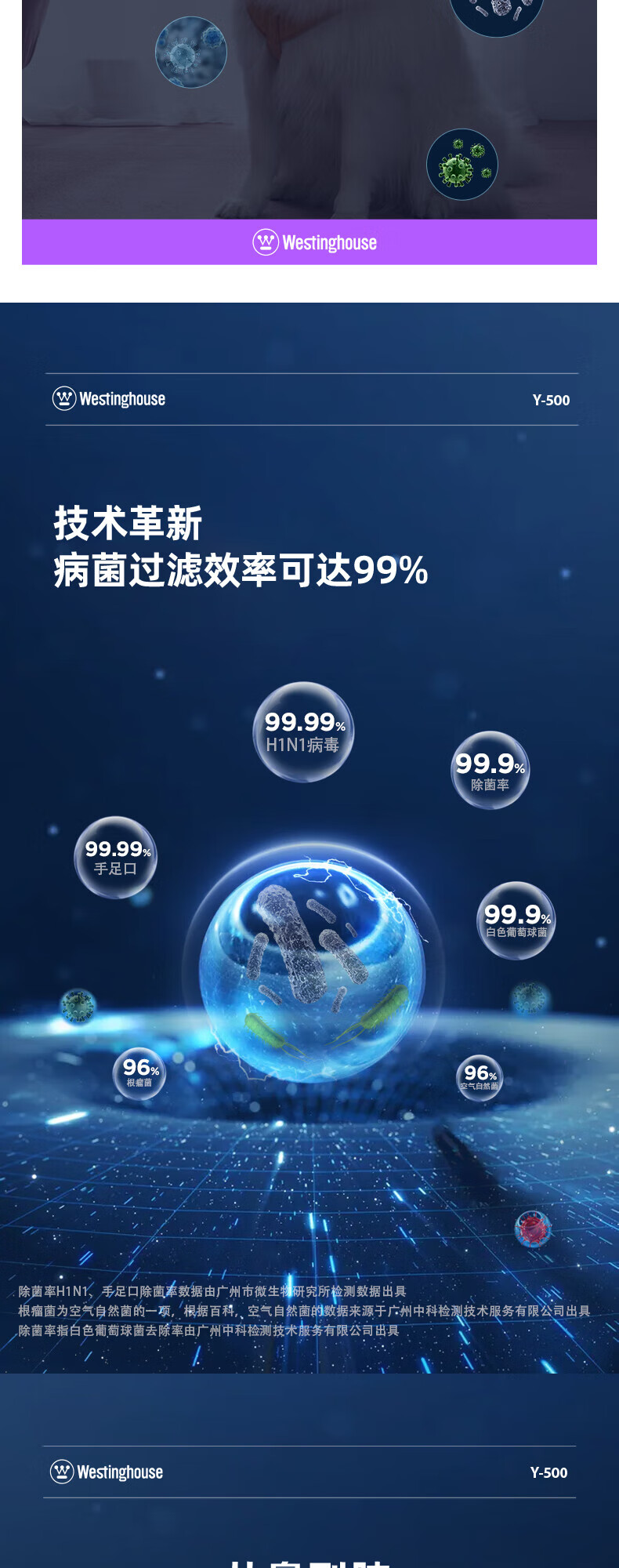 西屋（Westinghouse）空气净化消毒机家用紫外线杀菌除细菌 净化消毒Y-500 蓝色