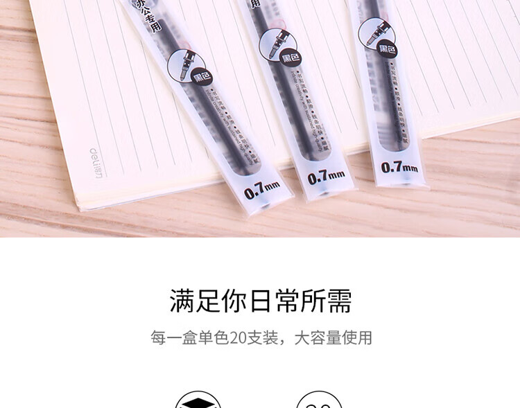 得力 (deli)0.7mm子弹头中性笔笔芯 中性笔签字替芯 办公用品学生文具 黑色 20支/盒 S761