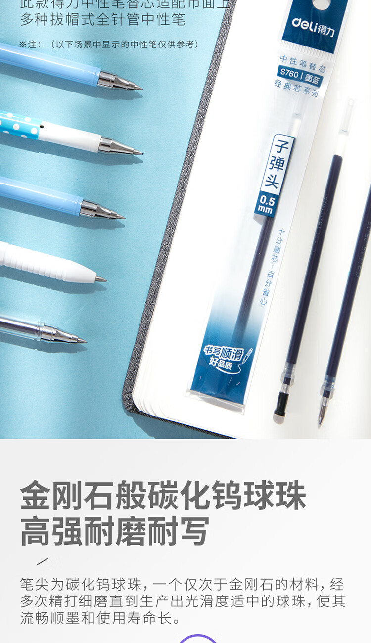 得力 (deli)中性笔标准子弹头笔芯 0.5mm滚珠式签字笔 水笔替芯 墨蓝 20支/盒 S760