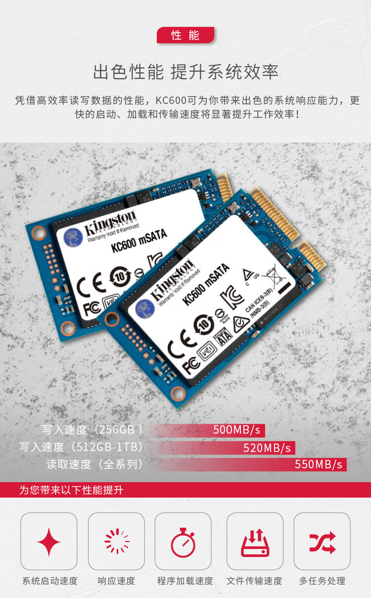 金士顿（Kingston）512GB SSD固态硬盘 mSATA接口 KC600系列