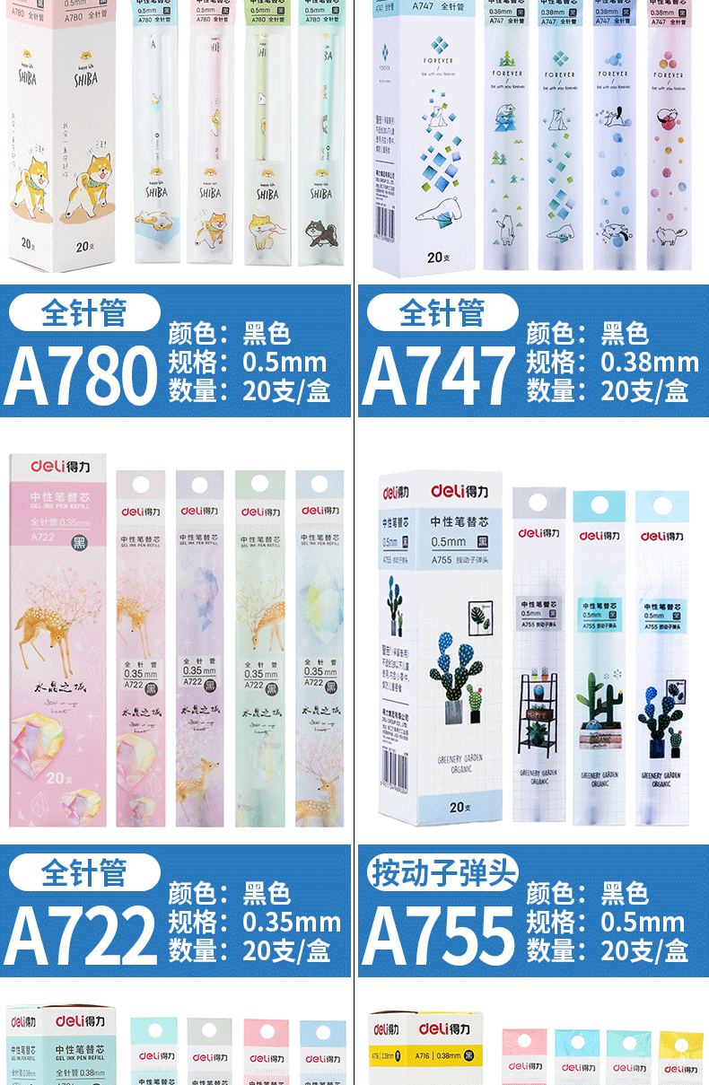 得力 (deli)考试中性笔替芯 0.5mm全针管水笔笔芯 黑色 20支/盒 S776