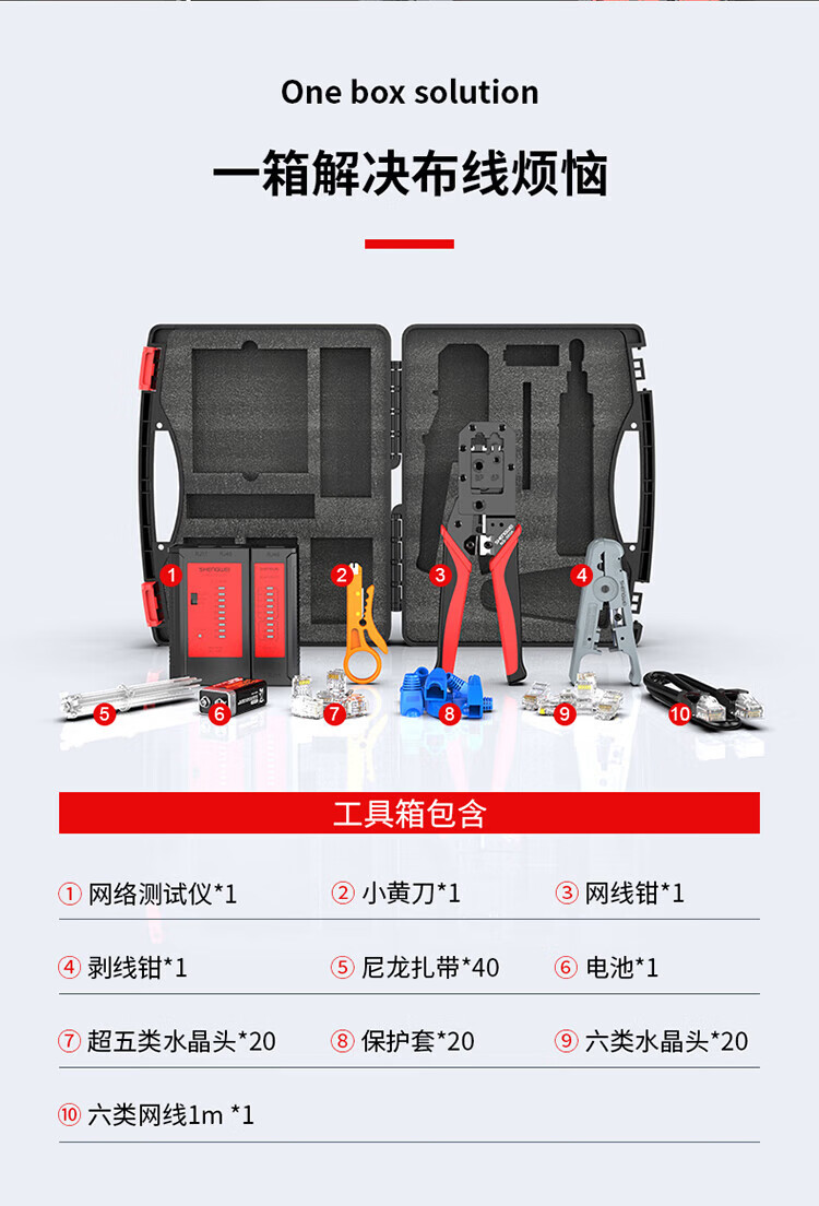 胜为（shengwei）网络工具箱套装 多功能网线钳水晶头测线仪剥线刀扎带压线钳普通级工具箱B NS-380