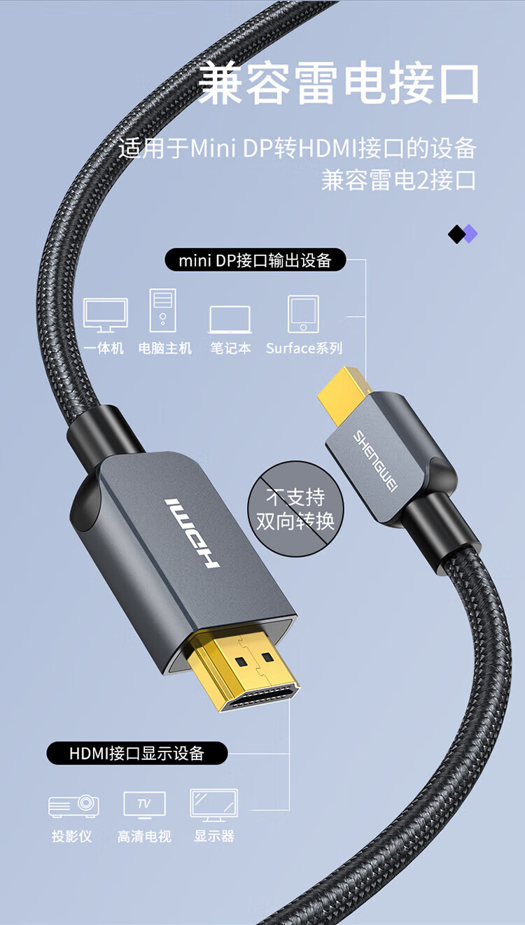 胜为（shengwei）Mini DP转HDMI转换线 适用苹果Mac微软笔记本迷你dp雷电接口黑色1.8米 AMH0018G