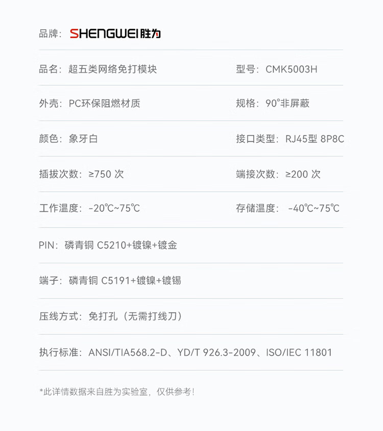 胜为（shengwei）超五类网络模块 CAT5e免打网络面板模块 RJ45水晶头电脑网线插座连接头 CMK5003H 5个装
