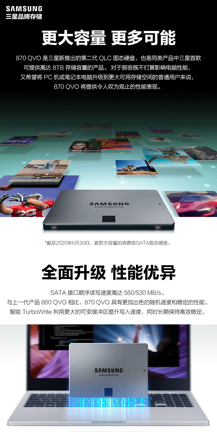 三星（SAMSUNG）2TB SSD大容量 固态硬盘 SATA3.0接口 870 QVO MZ-77Q2T0BW