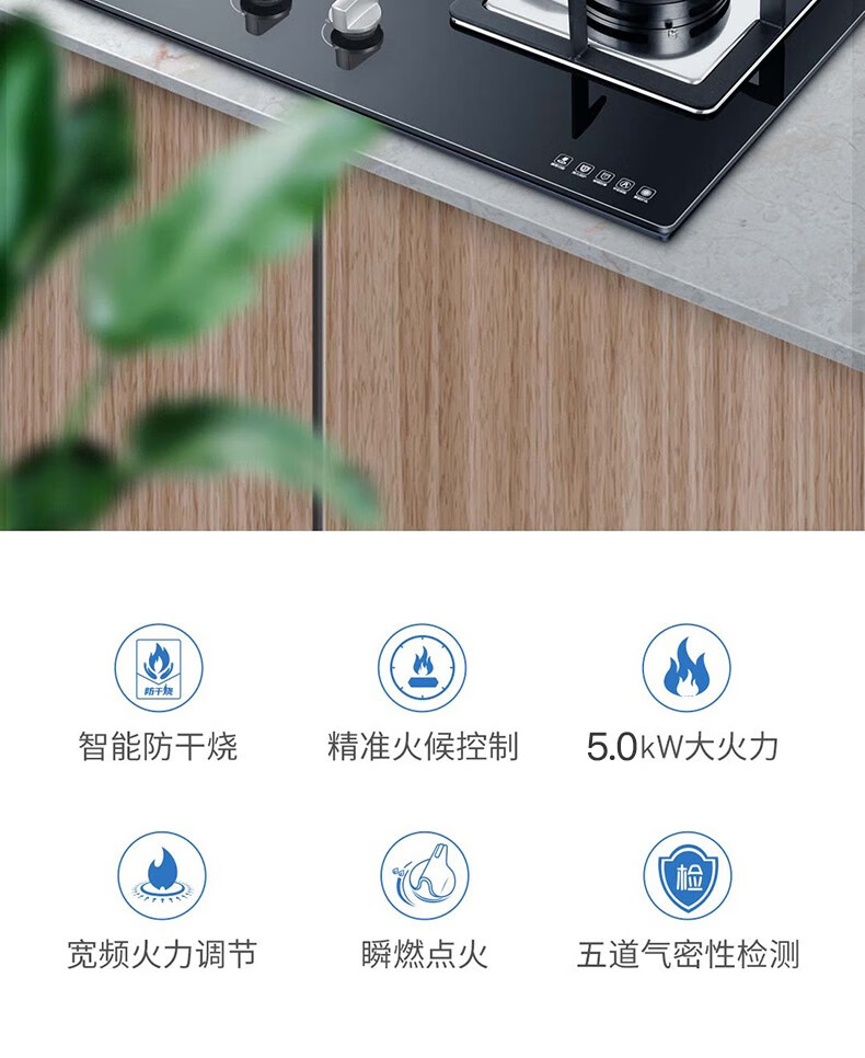 海尔（Haier）防干烧燃气灶 5.0KW大火力双眼 瞬燃点火一级能效 气电隔离 台嵌两用 【单灶具】JZT-QHA7BE9(12T)