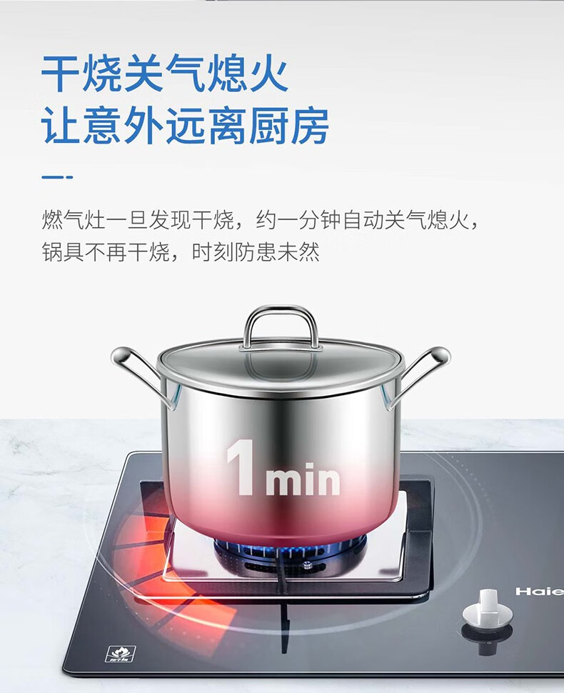 海尔（Haier）防干烧燃气灶 5.0KW大火力双眼 瞬燃点火一级能效 气电隔离 台嵌两用 【单灶具】JZT-QHA7BE9(12T)