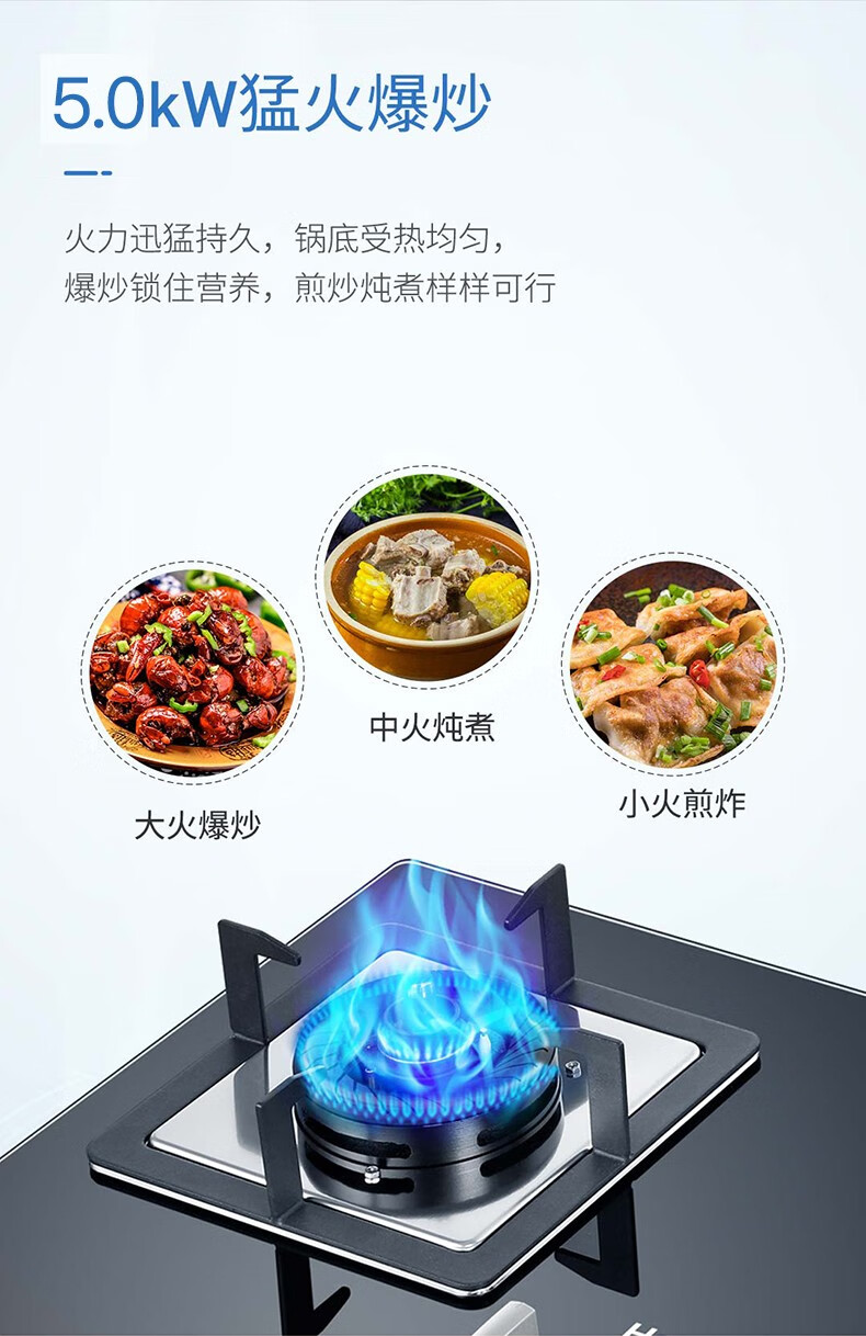 海尔（Haier）防干烧燃气灶 5.0KW大火力双眼 瞬燃点火一级能效 气电隔离 台嵌两用 【单灶具】JZT-QHA7BE9(12T)