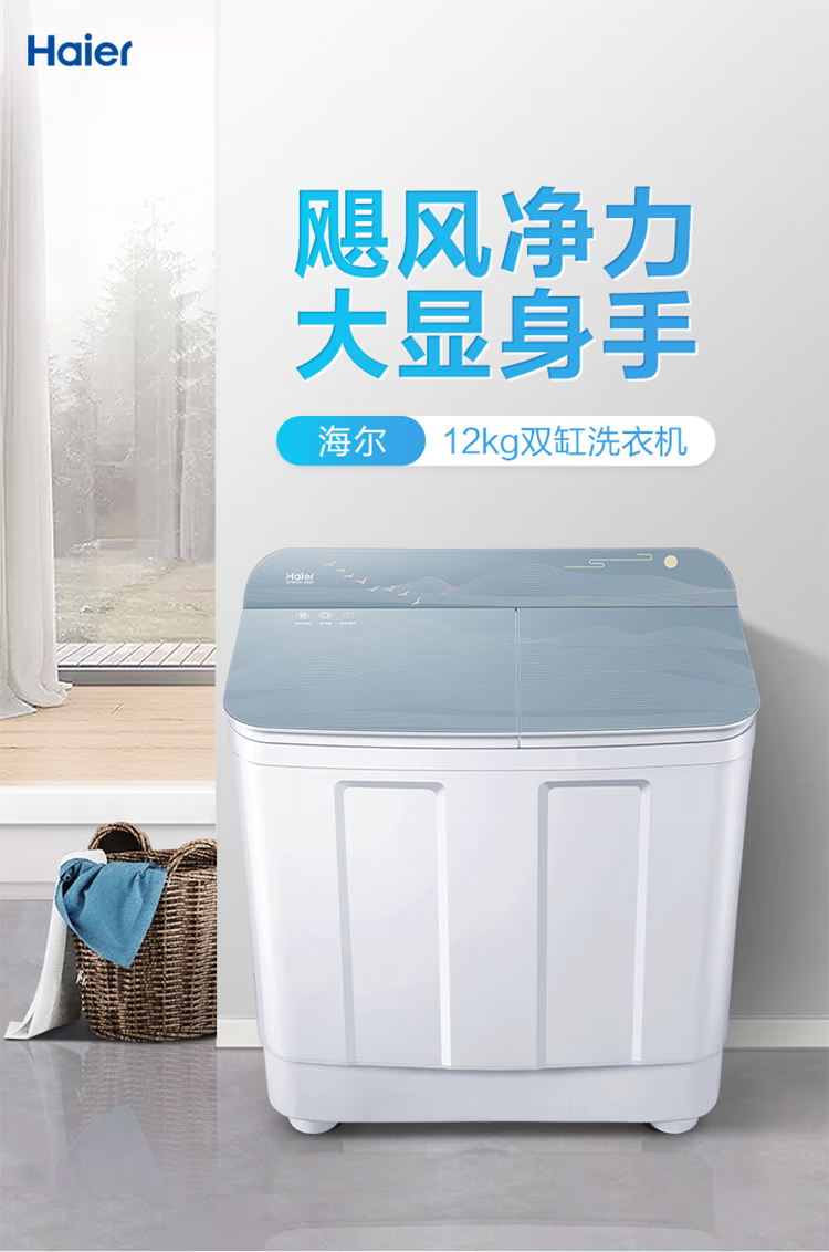海尔（Haier）12公斤半自动双缸洗衣机超大容量喷淋漂洗脱水平衡双桶出租房老式波轮12kg 家用商用 XPB120-958S