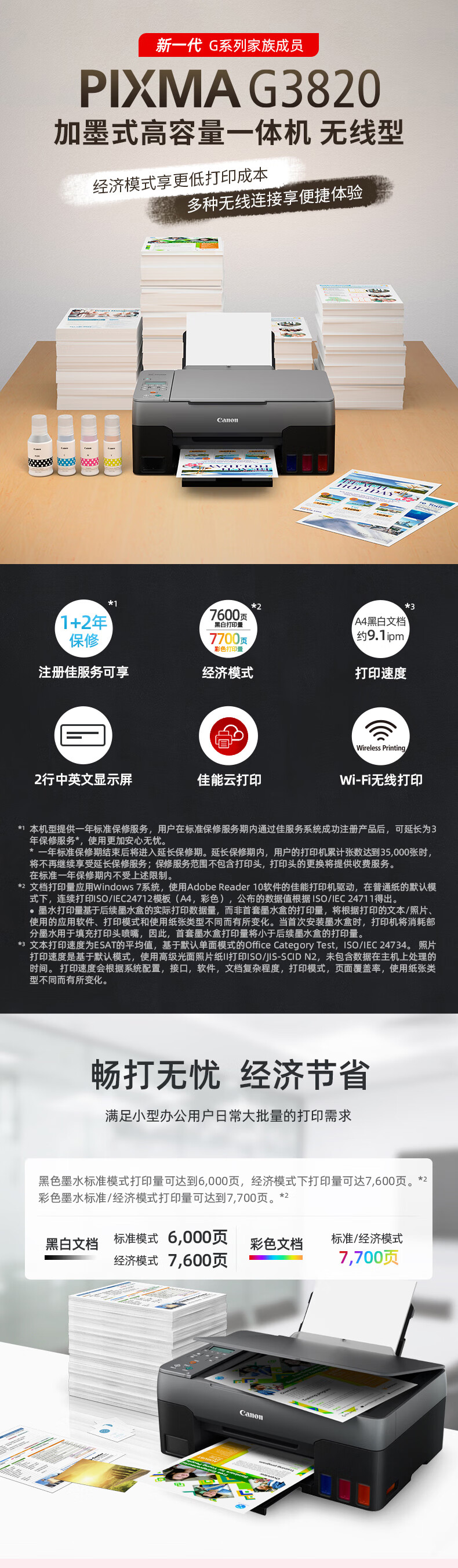 佳能（Canon）大容量可加墨彩色多功能无线一体机（打印/复印/扫描/作业/照片打印 微信远程打印 ） G3820黑