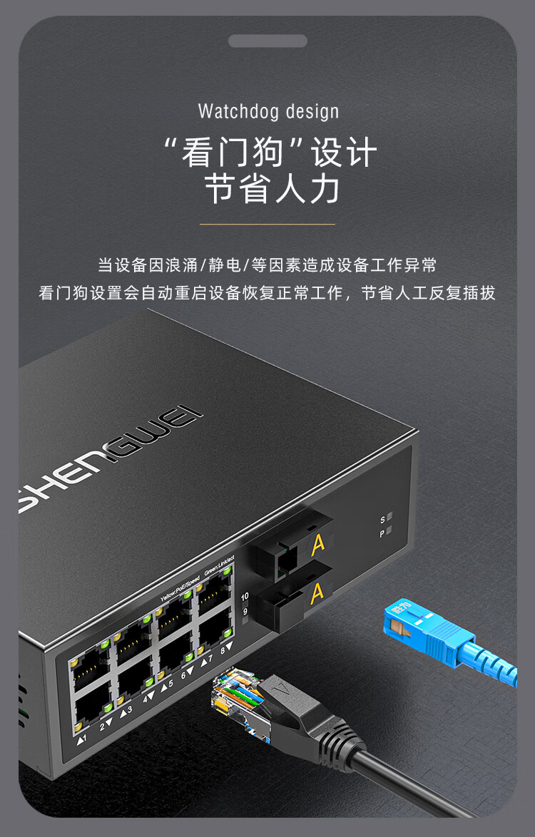胜为（shengwei）二光八电千兆单模单纤光纤收发器 网络监控SC接口千兆自适应光钎收发器 20KM BGH208GX