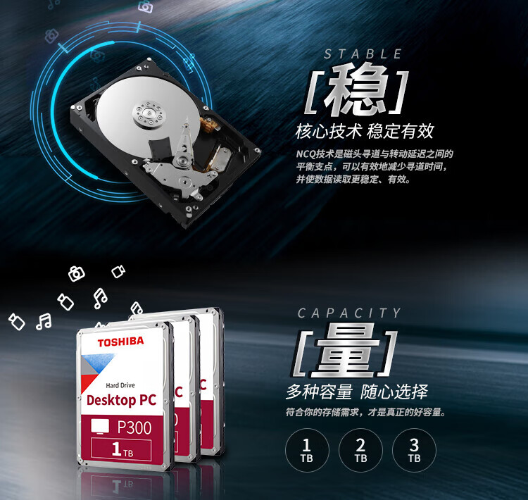 东芝（TOSHIBA）3TB P300系列 台式机机械硬盘 64MB 7200RPM SATA接口 HDWD130