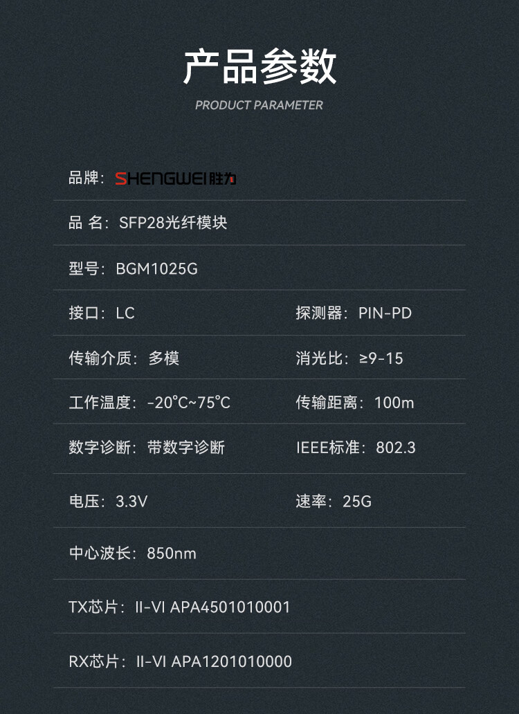 胜为（shengwei）SFP28光模块万兆25G多模双纤光纤模块(850nm，100m，LC)兼容华为/中兴/普联交换机BGM1025G