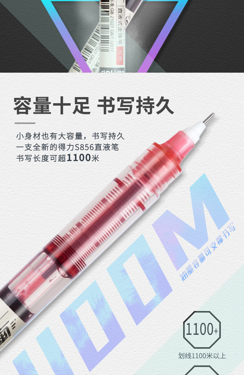 得力 (deli)直液笔签字笔 0.5mm全针管中性笔 商务办公学生水笔走珠笔 红色 12支/盒 S856