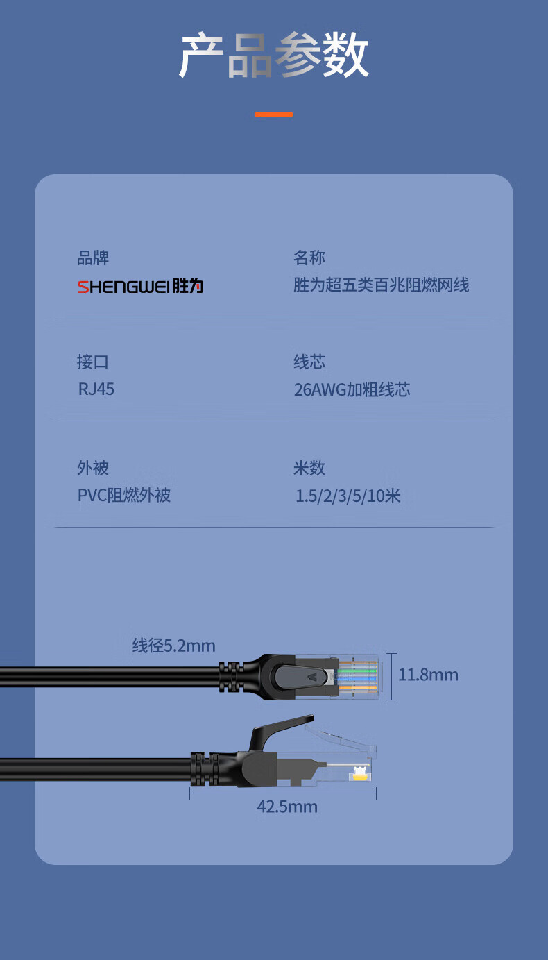 胜为（shengwei）超五类网线百兆Cat5e超5类阻燃连接线成跳线电脑宽带连接线8芯双绞线 1米(WLC1015G) 5个装