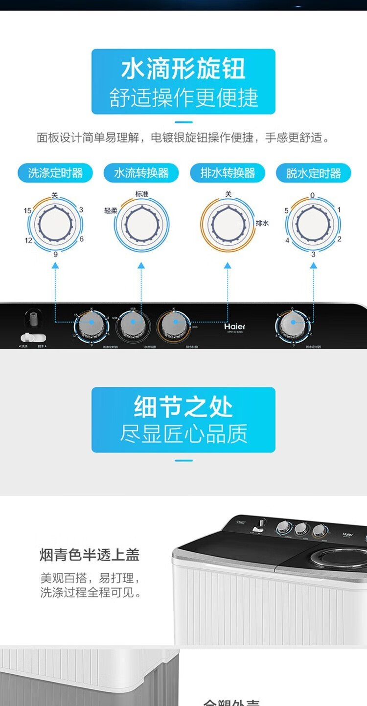 海尔（Haier）15公斤双缸双筒商用家用半自动波轮宾馆酒店工厂大容量 双电机 不锈钢脱水桶XPB150-828S