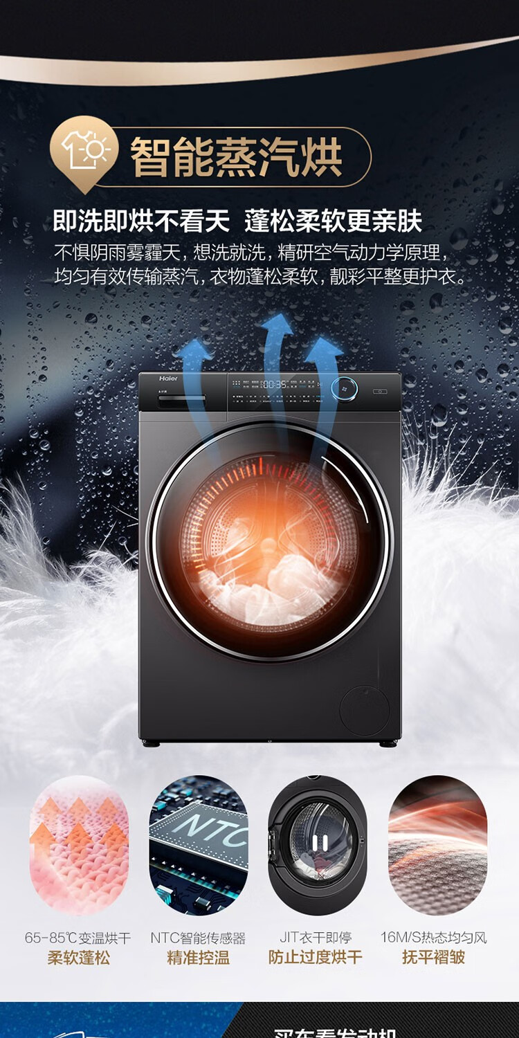 海尔（Haier）10公斤全自动滚筒洗衣机洗烘一体机直驱变频微蒸汽空气洗杀菌 10kg非烘干G100168BD14LSU1