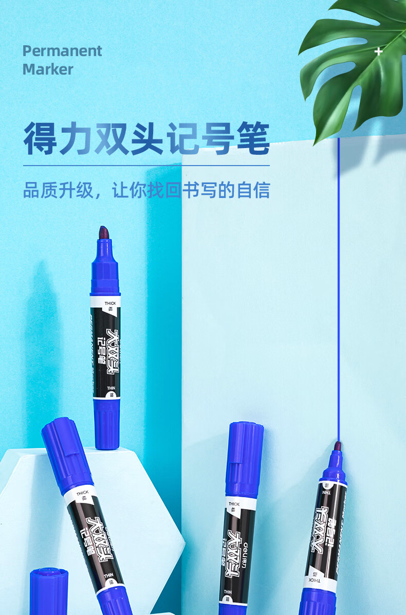得力 (deli)大双头多用记号笔签字笔 勾线笔会议笔马克笔 10支/盒 蓝色 S555