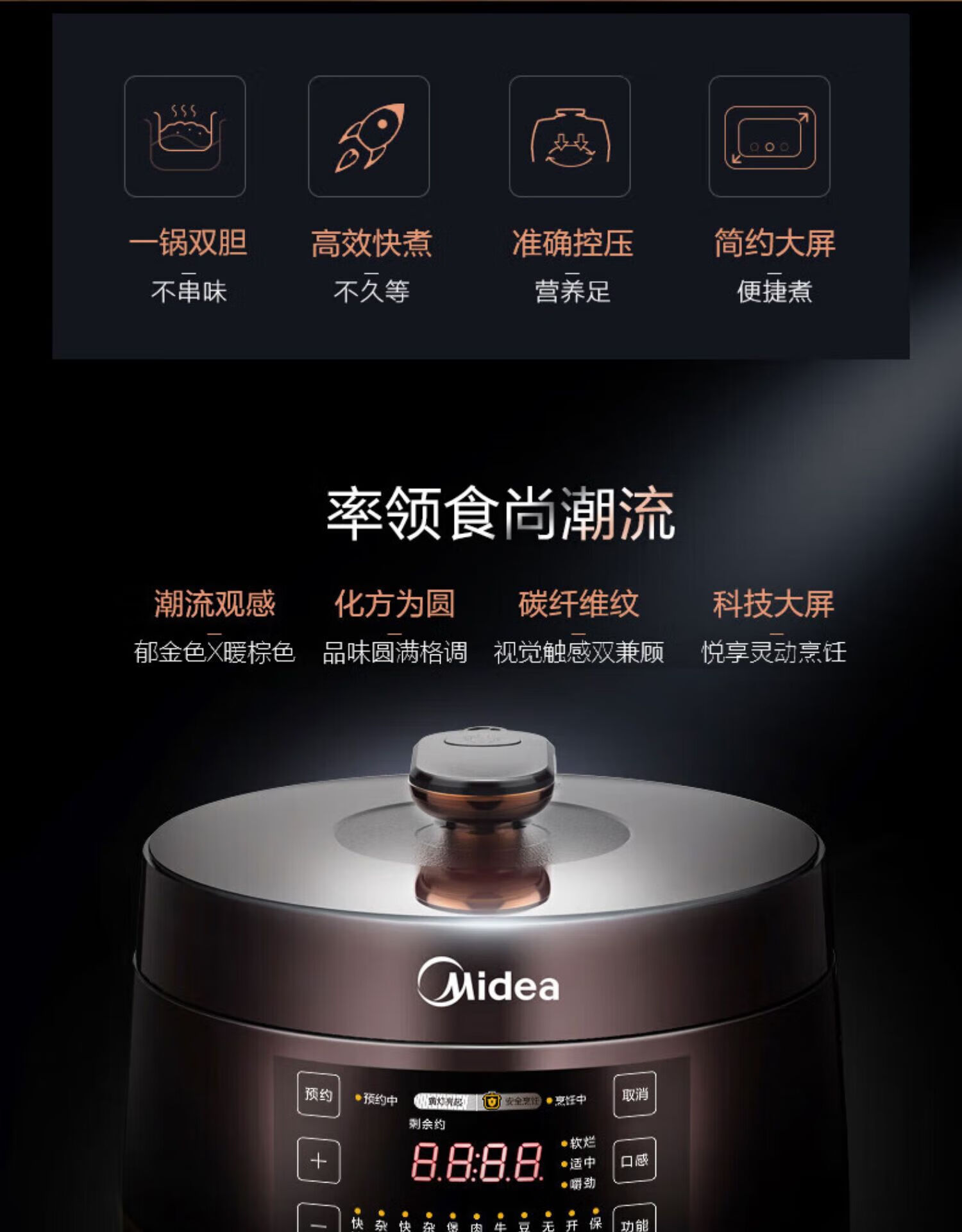 Midea智能家用大容量电压力锅5 多功能不粘双胆 开盖收汁一键排气 高压锅YL50Easy203(3-6人食用)