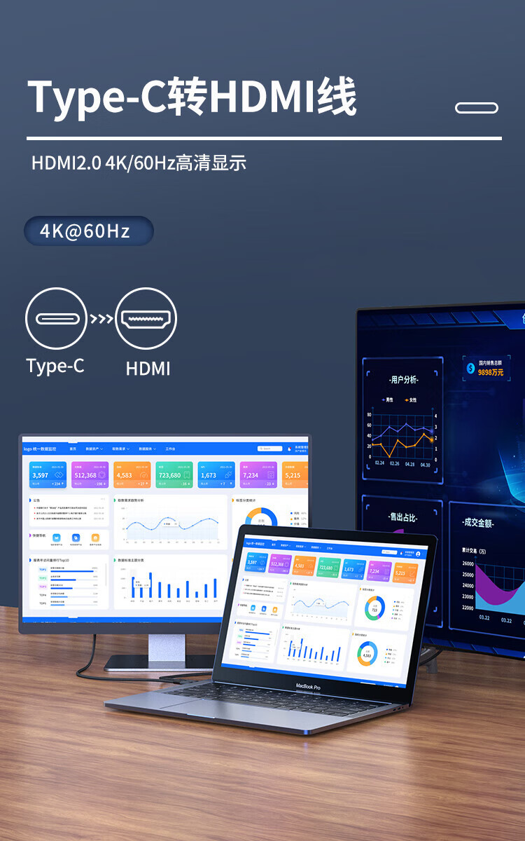 胜为（shengwei）Type-C转HDMI转接线拓展苹果笔记本华为手机连接电视4K60Hz高清转换器线 1.8米ATH0018J