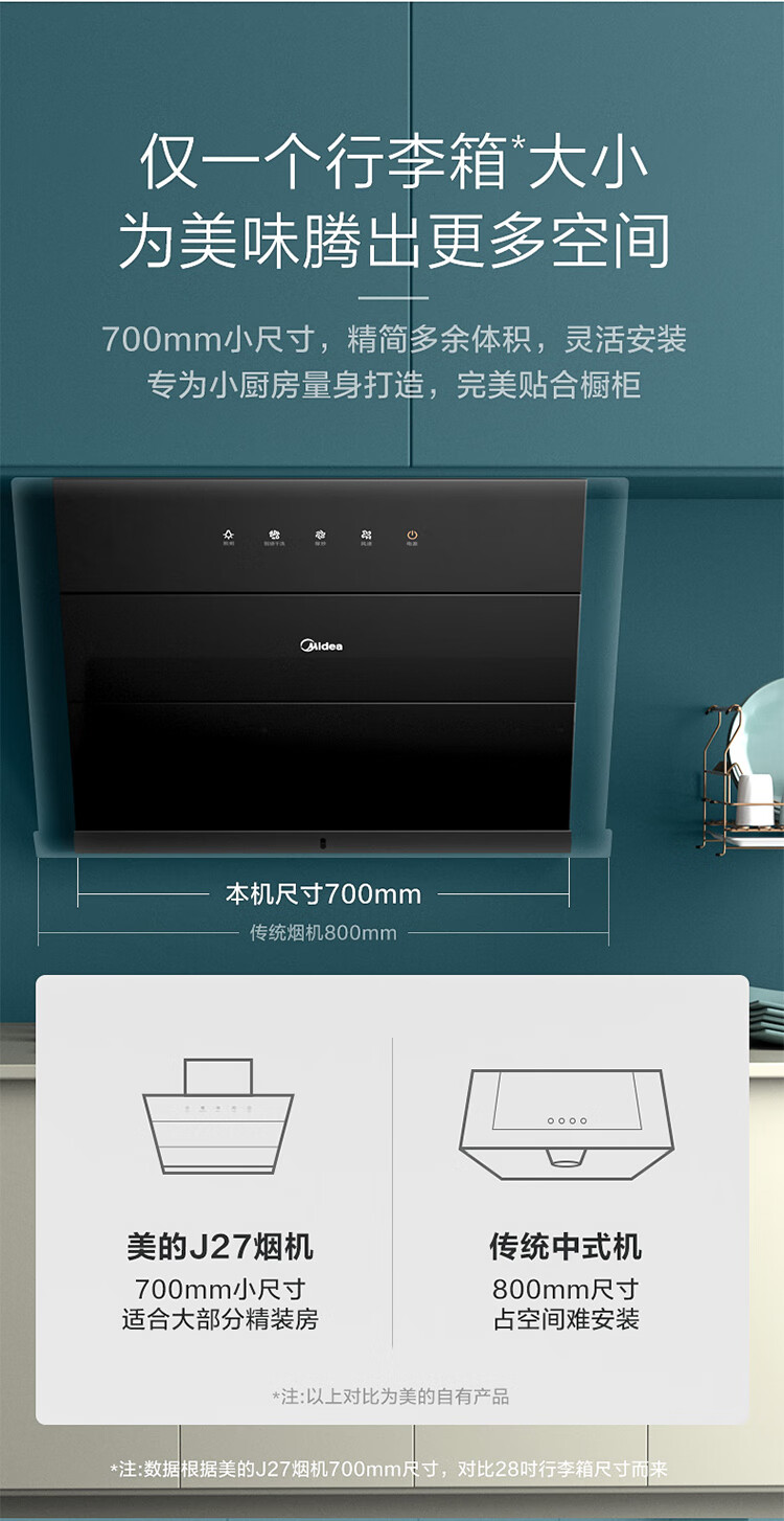 Midea抽油烟机家用小户型700小尺寸侧吸式抽烟机大吸力脱排油烟机抽烟机CXW-280-J27