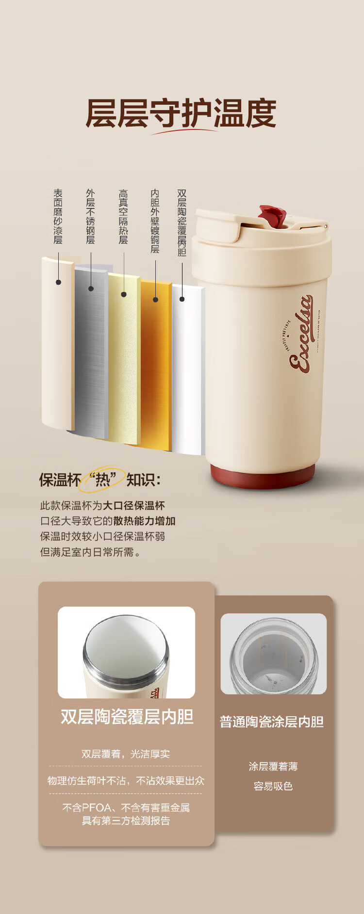 苏泊尔（SUPOR）双层陶瓷覆层内胆吸管保温便携水咖啡杯子450mL羊皮纸色KC45KR10