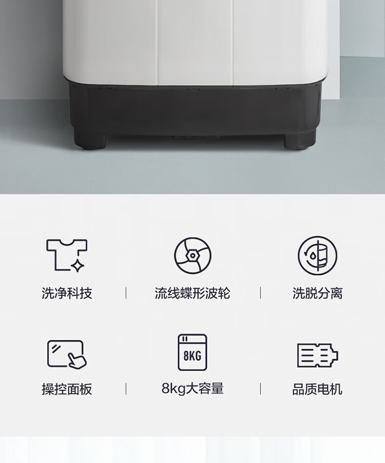 小天鹅（LittleSwan）双缸双桶洗衣机半自动 品质电机 强劲水流? 8公斤 TP80VDS08