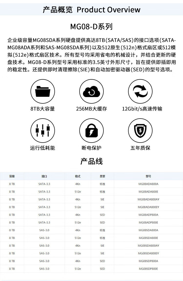 东芝（TOSHIBA）8TB 7200转 256M SAS 企业级硬盘(MG08SDA800E)