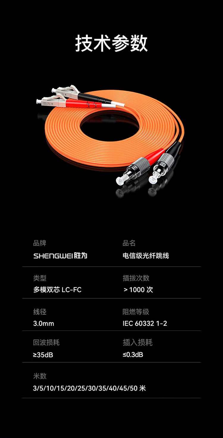 胜为（shengwei）电信级光纤跳线 LC-FC多模双芯10米 62.5/125低烟无卤环保外被 收发器尾纤 FMC-607