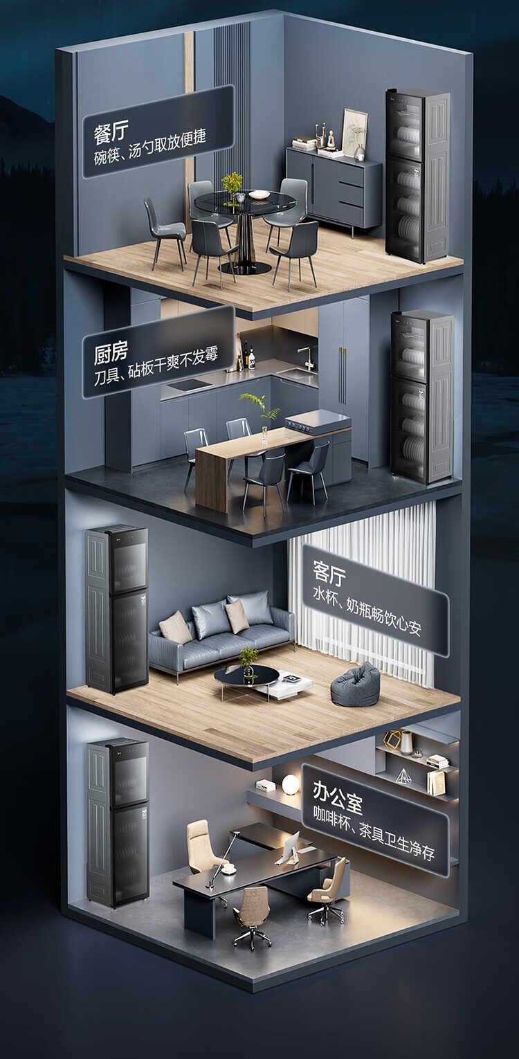 Mideacomfee消毒柜 二星级家用 上下独立 双门四层架碗筷柜JL09 100L大容量高温消毒