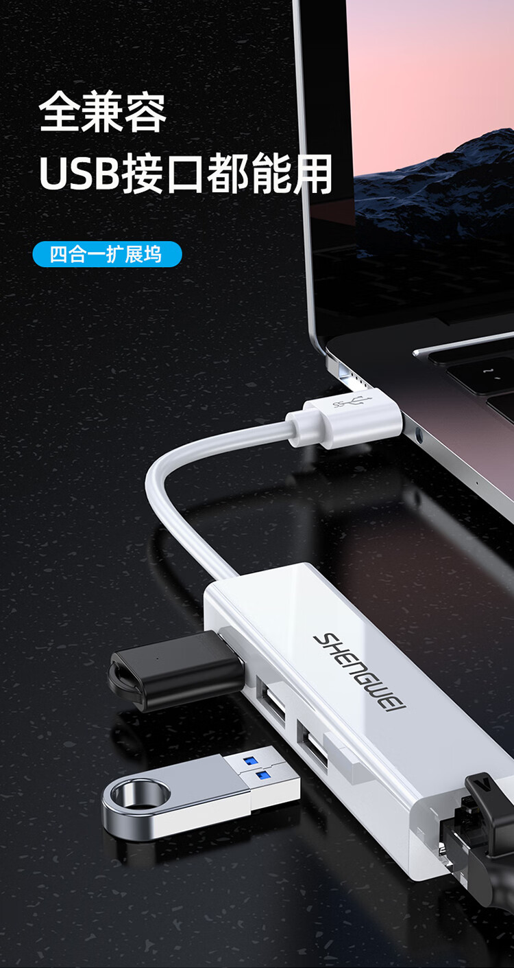 胜为（shengwei）USB分线器转网口有线网卡RJ45转换器拓展坞四合一适用苹果mac华为电脑HUB扩展坞 EUR0001H