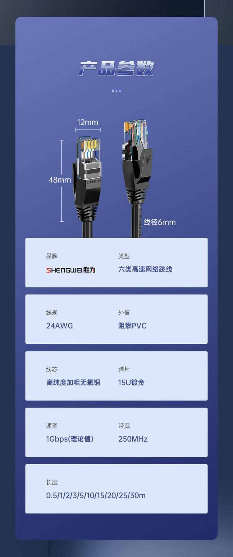 胜为（shengwei）六类CAT6类网线 千兆网络连接线3米 电脑宽带非屏蔽八芯双绞线 家用跳线成品网线 LC-6030G