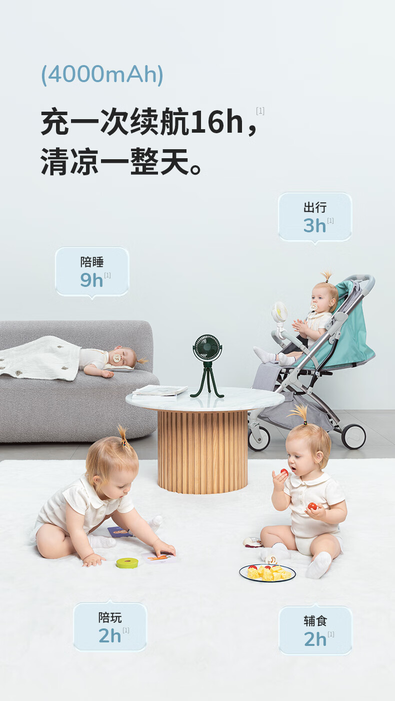 几素婴儿车风扇小八爪鱼便携式静音小型床上夹式儿童吹辅食学生宿舍随身充电夏天FA40A