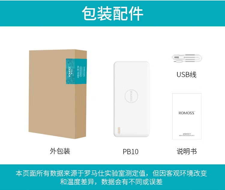 罗马仕（ROMOSS）超薄小巧便携充电宝1W毫安时手机移动电源电芯适用于苹果华为小米PB10白色