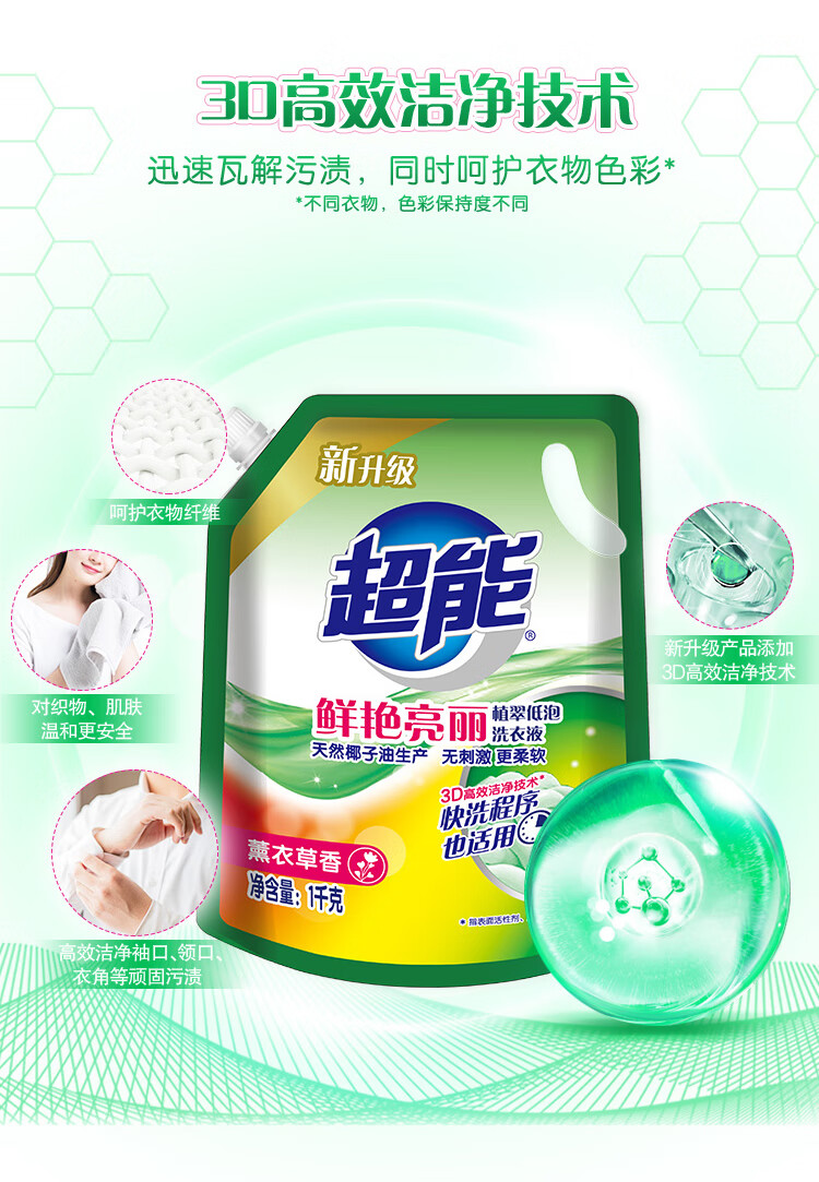超能 植翠洗衣液(鲜艳亮丽)1kg*2+2泡沫抑菌洗手液(滋润保湿)58ml*2