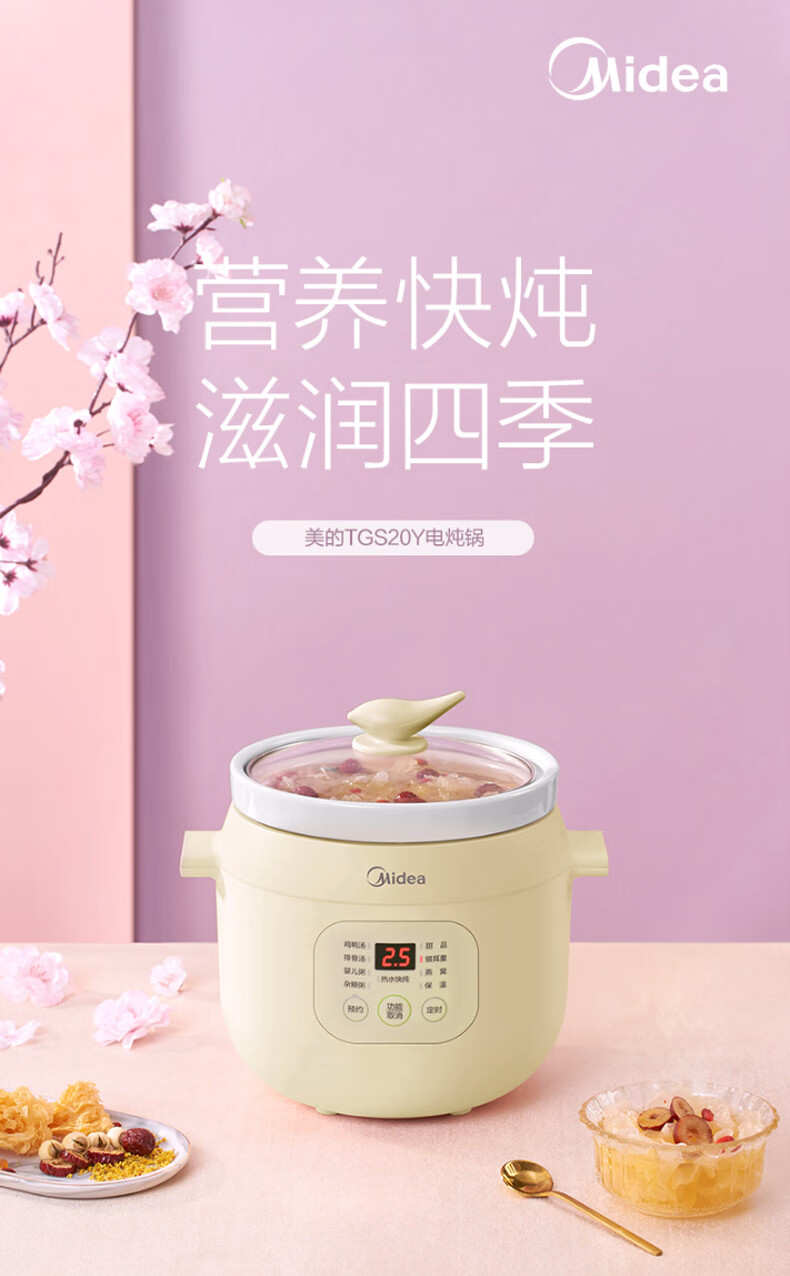 美的（Midea）电炖锅电炖盅宝宝辅食锅婴煮粥煲汤锅2L直炖白瓷内胆 预约定时 TGS20Y