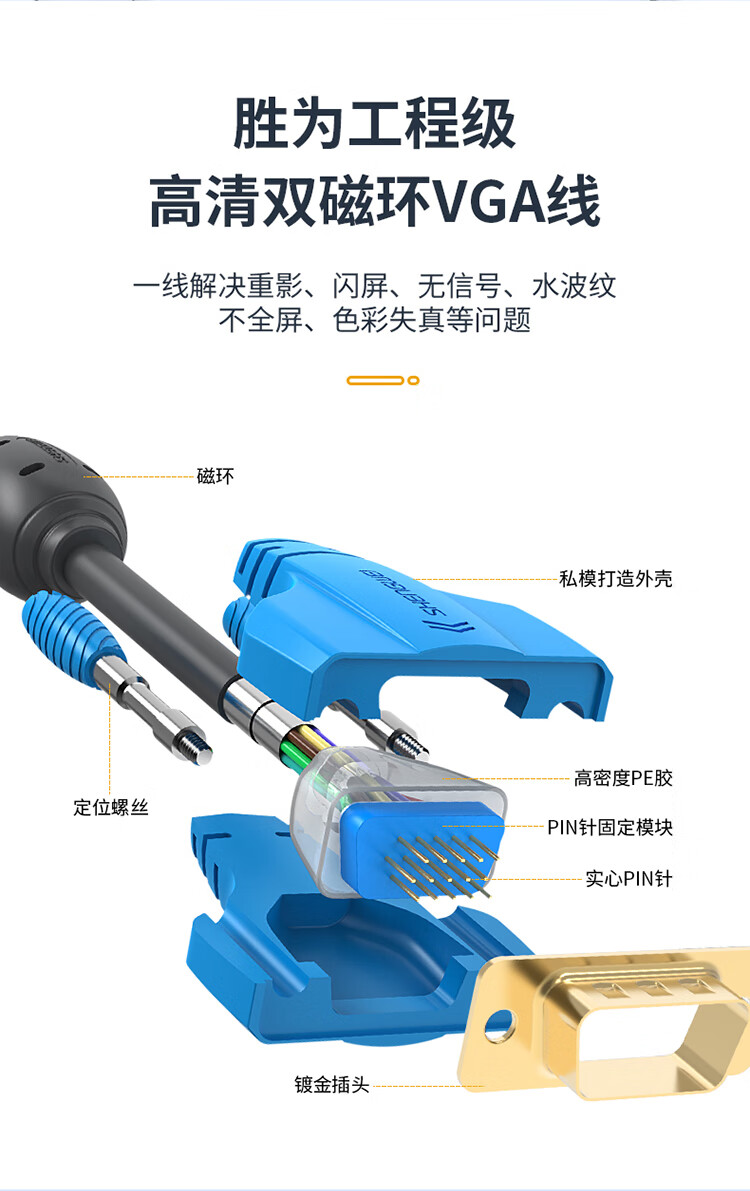 胜为（shengwei）VGA高清线 3+9阻燃双磁环 3米 无氧铜双磁环显示器视频连接线 VC-6030