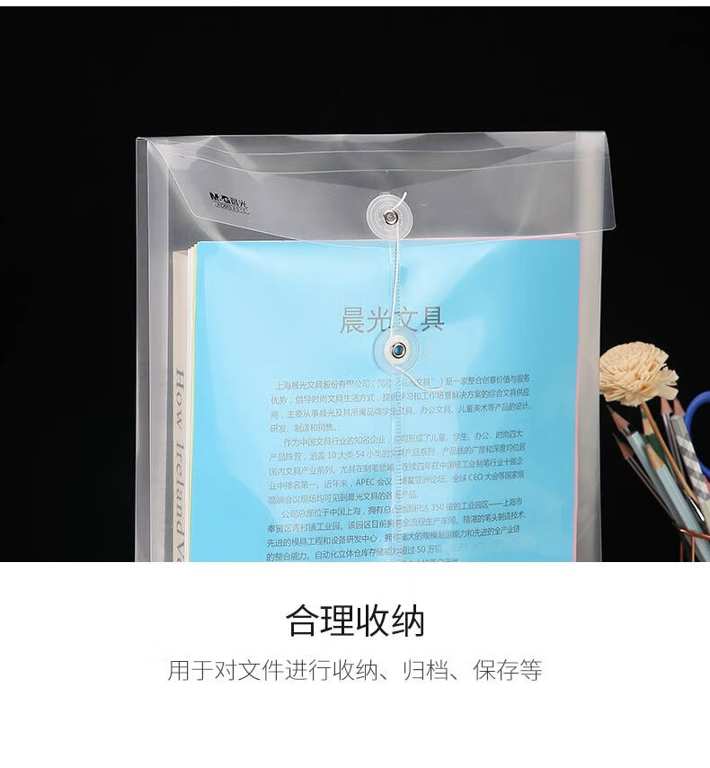 晨光(M&G)A4/3cm透明缠绳文件袋 绑带式档案袋颜色随机 ADM94518 12个