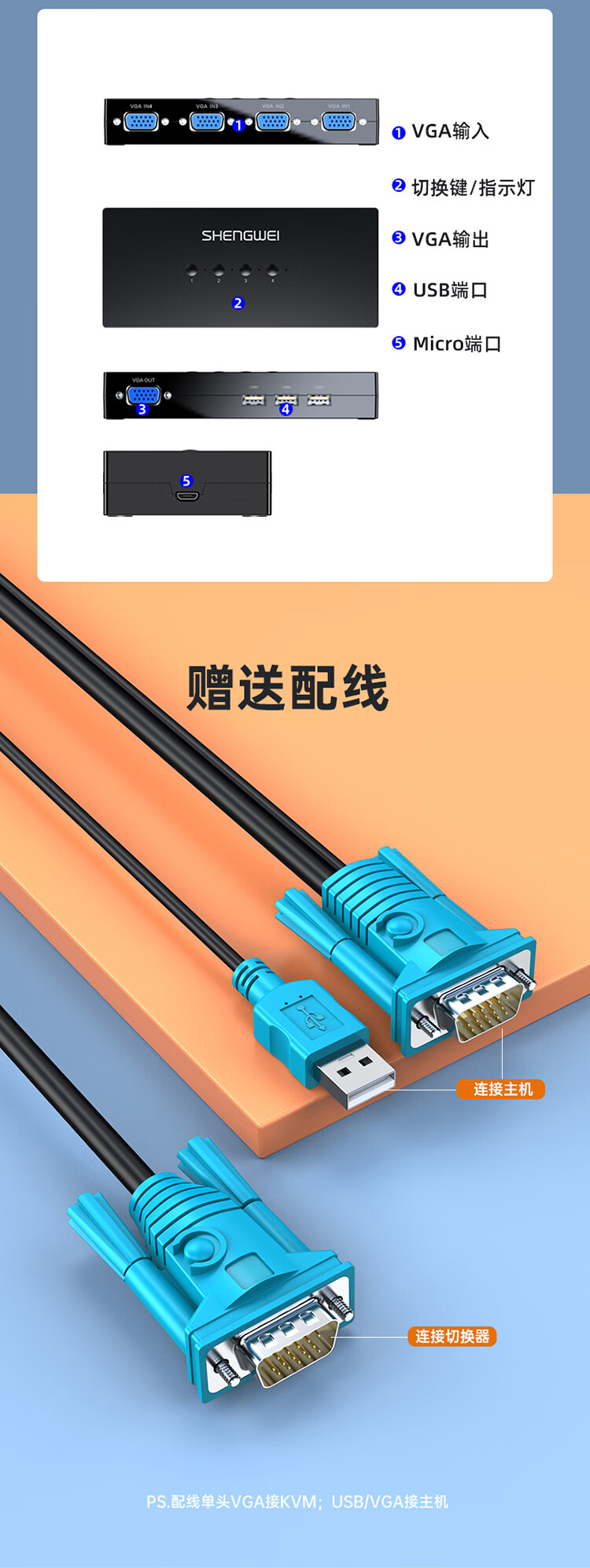 胜为（shengwei）KVM切换器4进1出VGA切屏器 四进一出转换器4口显示器键鼠USB打印机共享器 DVK3401K